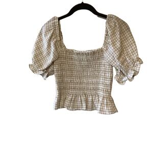 Wayf Plaid Puff Sleeve Smocked Crop Top XS Cottagecore Boho Prairie Peasant